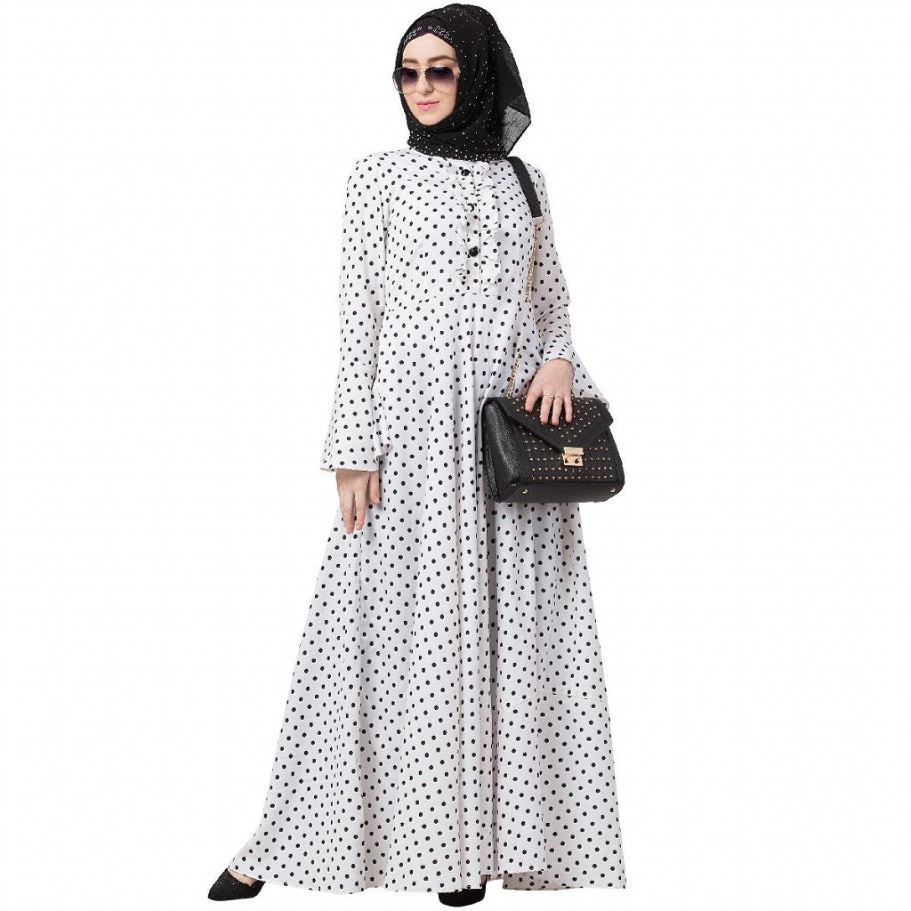 Polka dotted elegant dress abaya- White-Black